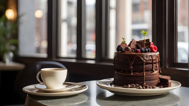 A well decorated chocolate cake with coffee 