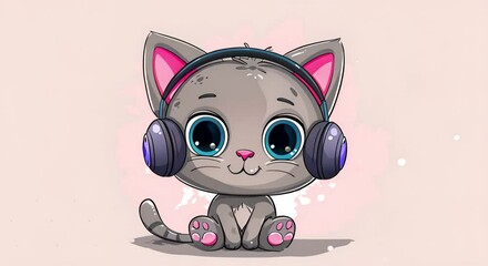 Cute cartoon cat wearing headphones listens to music and dances. Cheerful gray kitten with big blue eyes wearing headphones.