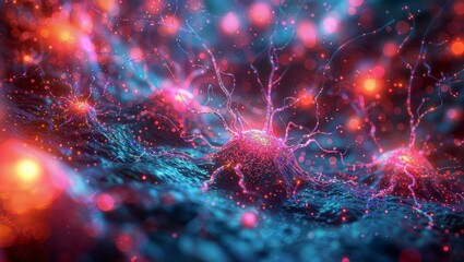 Neuron Brain: A Cellular and Psychedelic Image of a Neuron Brain with Many Neurons and Synapses and Super-Resolution Microscopy
