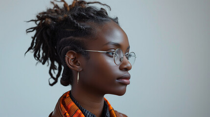 Fototapeta premium Serene Profile Portrait of a Young Woman with Stylish Glasses and Ethnic Attire