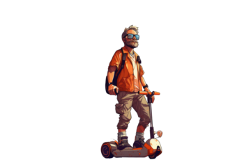 PNG file no background Scared explorer on electric scooter being chased by a monster