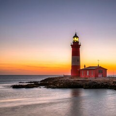A red lighthouse under a massive sunset in the coastline of spain during a super bright day