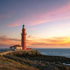 Naklejka premium A red lighthouse under a massive sunset in the coastline of spain during a super bright day