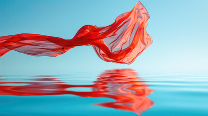 Ethereal Red Fabric Dancing Over Calm Blue Waters