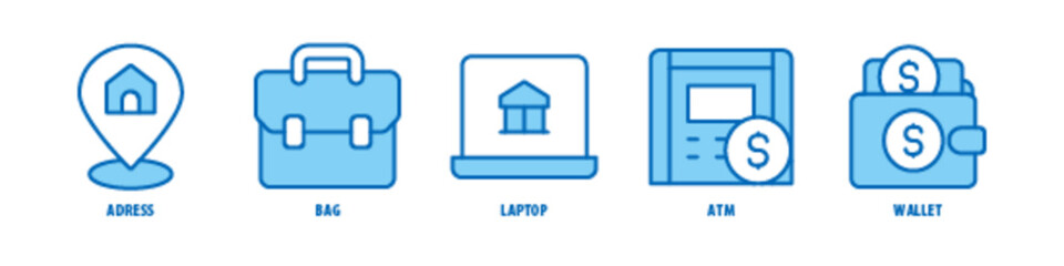 Wallet, ATM, Laptop, Bag, Address editable stroke outline icons set isolated on white background flat vector illustration.