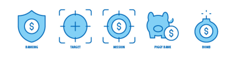 Bomb, Piggy Bank, Mission, Target, Banking editable stroke outline icons set isolated on white background flat vector illustration.