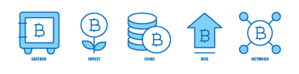 Network, Rise, Coins, Invest, Safebox editable stroke outline icons set isolated on white background flat vector illustration.