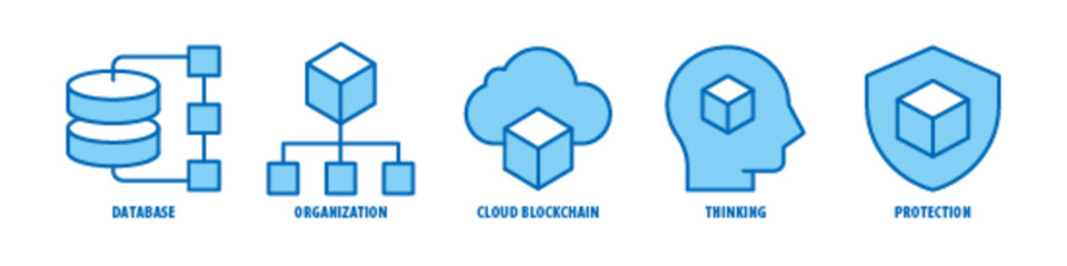 Protection, Thinking, Cloud Blockchain, Organization, Database editable stroke outline icons set isolated on white background flat vector illustration.