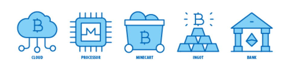 Fototapeta premium Bank, Ingot, Minecart, Processor, Cloud editable stroke outline icons set isolated on white background flat vector illustration.