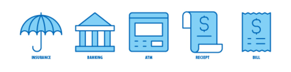 Bill, Receipt, ATM, Banking, Insurance editable stroke outline icons set isolated on white background flat vector illustration.