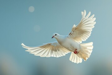 White dove of peace flying in a blue sky. Symbol of peace, no to war.