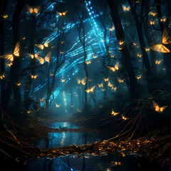 Glowing fireflies creating patterns in a dark forest