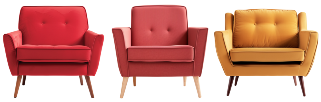 set of midcentury modern arm chairs in various colors, isolated on a transparent background