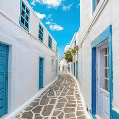 Beautiful narrow street with white houses in Mikonas island, Greece