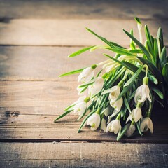 Bunch of crocus and snowdrops on the wooden table.