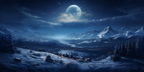  A night scene with a full moon and a snowy landscape background and wallpaper 