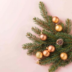 Fototapeta na wymiar Christmas background, natural fir tree branches with gold christmas balls and golden decortation on pink pastel background