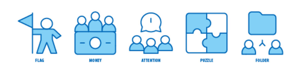 Folder, Puzzle, Attention, Money, Flag editable stroke outline icons set isolated on white background flat vector illustration.