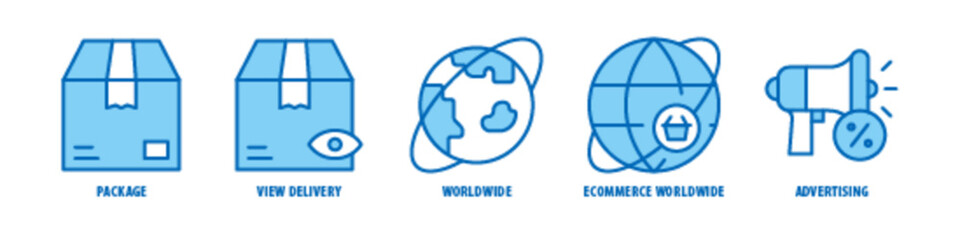 Advertising, E-commerce, Worldwide, Worldwide, View Delivery, Package editable stroke outline icons set isolated on white background flat vector illustration.