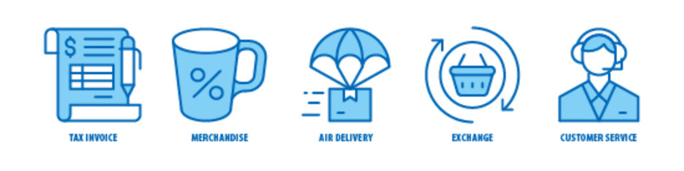 Customer Service, Exchange, Air Delivery, Merchandise, Tax Invoice editable stroke outline icons set isolated on white background flat vector illustration.