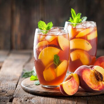 Fresh Homemade Peach Sweet Tea with Mint and Peach Slices, Summer cold fruit drink outdoors