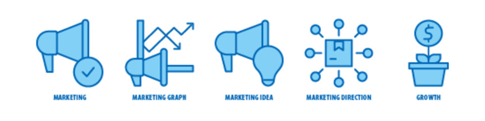 Growth, Marketing direction, Marketing Idea, Marketing Graph, Marketing editable stroke outline icons set isolated on white background flat vector illustration.