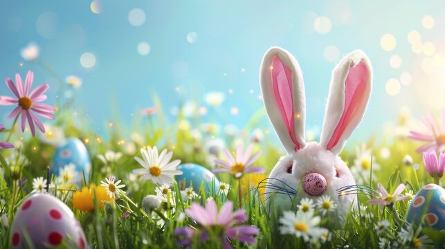 Easter day rabbit banner style with colorful 3D eggs on a green meadow in high resolution and quality