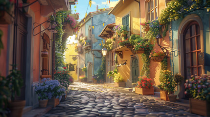 cobblestone street in a European village, lined with charming pastel-colored houses, blooming flower boxes on windowsills