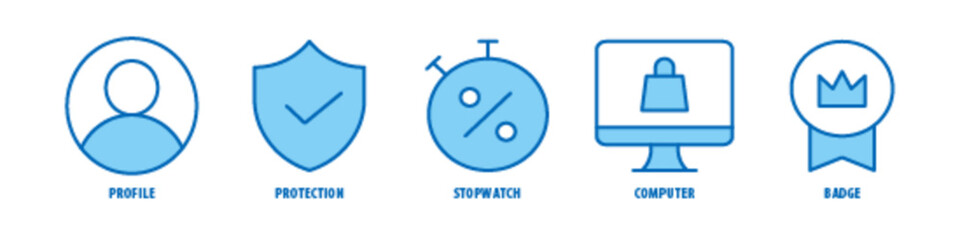 Badge, Computer, Stopwatch, Protection, Profile editable stroke outline icons set isolated on white background flat vector illustration.