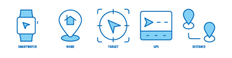 Distance, GPS, Target, Home, Smartwatch editable stroke outline icons set isolated on white background flat vector illustration.