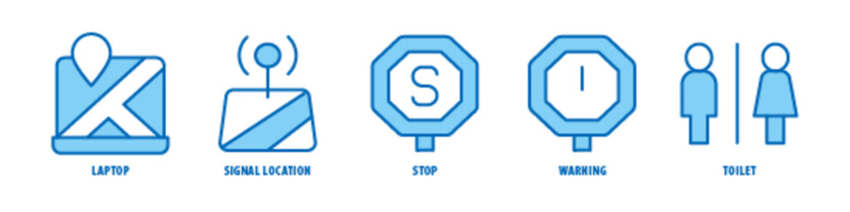 Toilet, Warning, Stop, Signal Location, Laptop editable stroke outline icons set isolated on white background flat vector illustration.