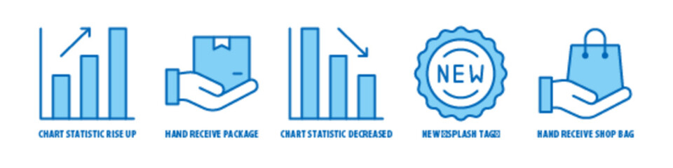 Hand, Receive, Shop, Bag, New, Chart statistic decreased, Hand, Receive, Package, Chart statistic rise up editable stroke outline icons set isolated on white background flat vector illustration.
