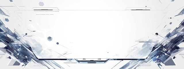 clean flat vector graphic design, geometric minimalistic clean sheet, flat white background, two black super thin clean black lines near to the edges, small black sci-fi logo and insignias at the corn