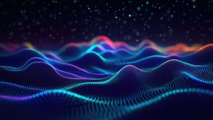 Network big data flow. Blockchain data. AI technology, digital communication, scientific research, music wave concept, abstract visual concept with colorful waves and dots