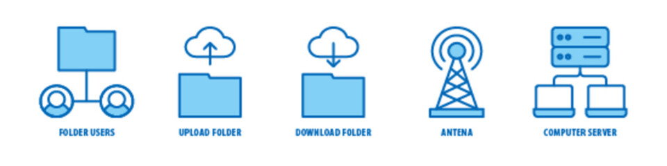 Computer Server, Antena, Download Folder, Upload folder, Folder users editable stroke outline icons set isolated on white background flat vector illustration.