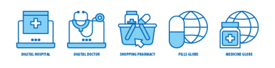 Medicine, Globe, Pills globe, Shopping Pharmacy, Digital Doctor, Digital Hospital editable stroke outline icons set isolated on white background flat vector illustration.