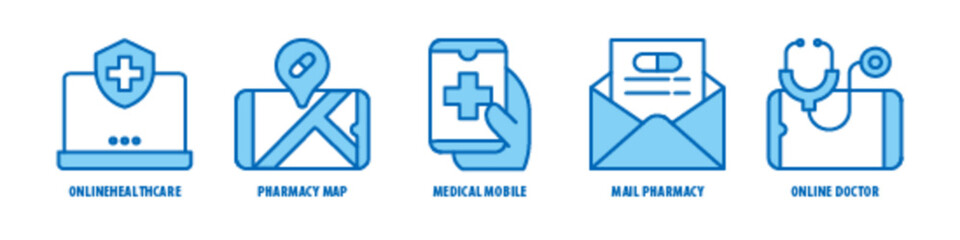Obraz premium Online doctor, Mail pharmacy, Medical mobile, Pharmacy Map, Online Healthcare editable stroke outline icons set isolated on white background flat vector illustration.