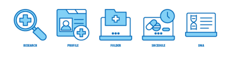DNA, Schedule, Folder, Profile, Research editable stroke outline icons set isolated on white background flat vector illustration.