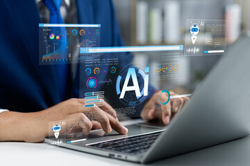 Businessman use artificial intelligence AI technology for enhanced work efficiency data analysis and efficient tools, Unlocking work potential with AI solutions chatbot help solve work problems. - obrazy, fototapety, plakaty