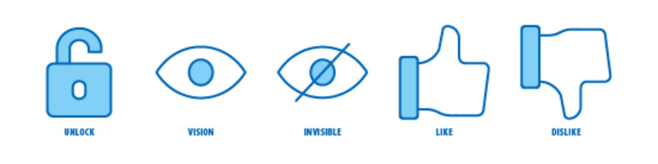 Dislike, Like, Invisible, Vision, Unlock editable stroke outline icons set isolated on white background flat vector illustration.