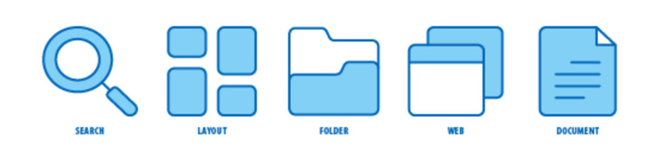 Fototapeta premium Document, Web, Folder, Layout, Search editable stroke outline icons set isolated on white background flat vector illustration.