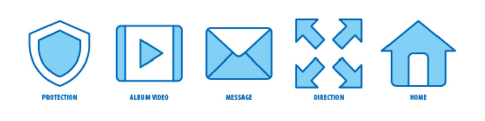 Home, Direction, Message, Album Video, Protection editable stroke outline icons set isolated on white background flat vector illustration.