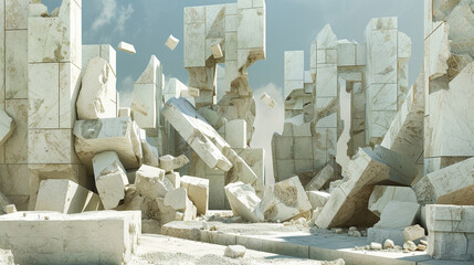 3D rendering of ruins geometrically deformed by the ravages of time