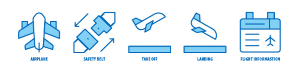 Flight information, Landing, Take off, Safety Belt, Airplane editable stroke outline icons set isolated on white background flat vector illustration.