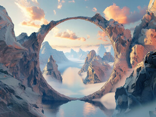 A 3D rendering of a fantastical surreal landscape accessed through an interdimensional portal - obrazy, fototapety, plakaty