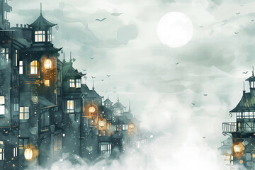 A blank white space suddenly metastasizing into a lantern lit cityscape as a distinctive watercolor illustration