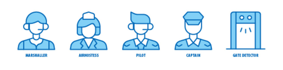Gate Detector, Captain, Pilot, Airhostess, Marshaller editable stroke outline icons set isolated on white background flat vector illustration.