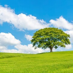 Fototapeta na wymiar landscape of green grass field with tree and blue sky with white clouds