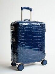 Blue crocodile leather suitcase on white background.