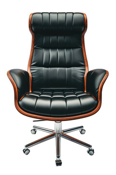 A black and brown office chair with wheels, isolated on a white background. Isolated